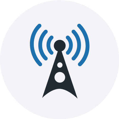Icône d'antenne de radiodiffusion dans un cercle gris pour illustrer le service DCB
