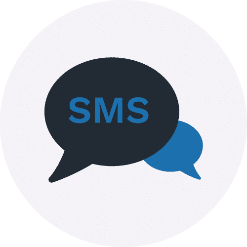 SMS bubble icon in a grey circle to illustrate SMS service