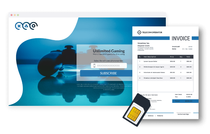 screen of platform using Direct carrier billing with sim card and invoice next to it