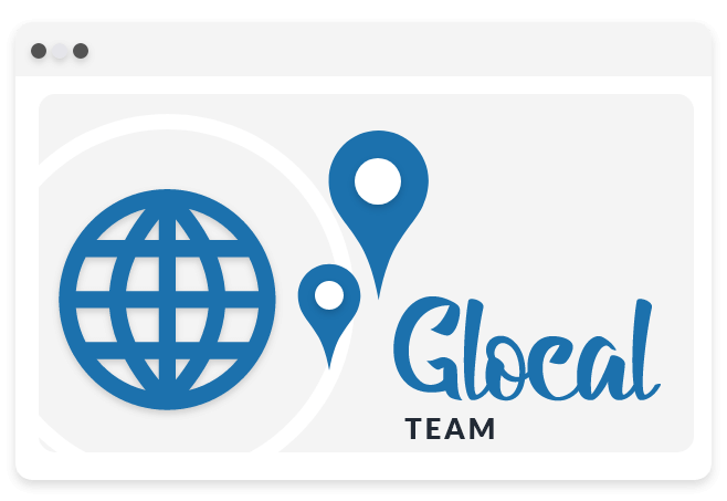 Illustration of a globe and map cursors in a browser to show global and local teams