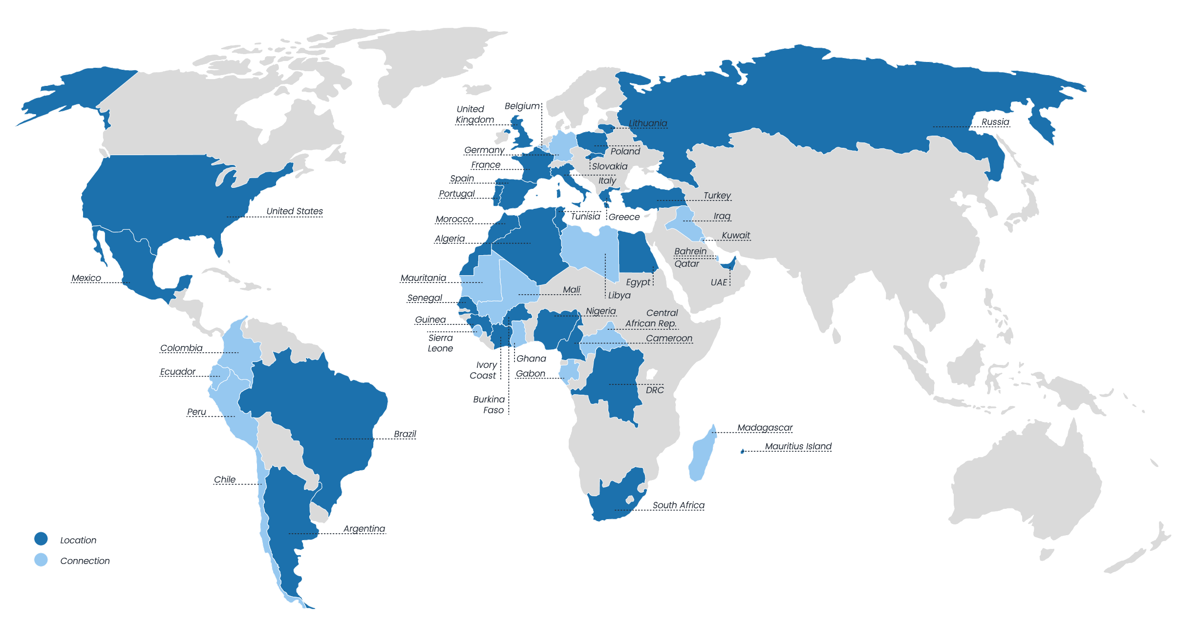 worldmap with locations and connections with dv pass colors